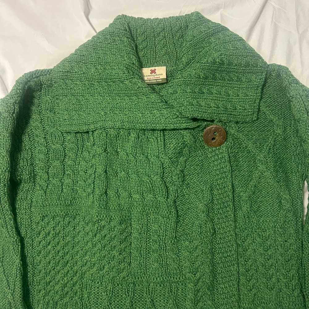 Carraig Donn Green 100% Merino Wool Cardigan Sz L Shawl Collar St. Patrick’s Day - Picture 5 of 14